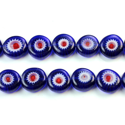 Glass Millefiori Bead - Flat Round 10x4MM BLUE WHITE RED (32)