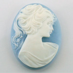 Plastic Cameo - Woman with Ponytail Oval 40x30MM WHITE ON BLUE