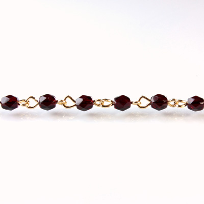 Linked Bead Chain Rosary Style with Glass Fire Polish Bead - Round 4MM GARNET-GOLD