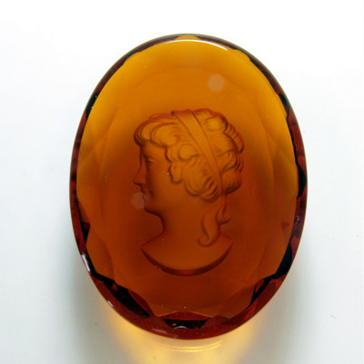 German Glass Flat Back Reverse Carved Intaglio Back Woman's Head - Oval 40x30MM SMOKE TOPAZ