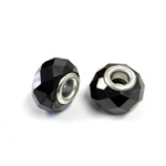 Glass Faceted Bead with Large Hole Silver Plated Center - Round 14x9MM GUNMETAL