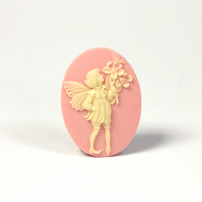 Plastic Cameo - Fairy with Bouquet Oval 25x18MM IVORY ON PINK