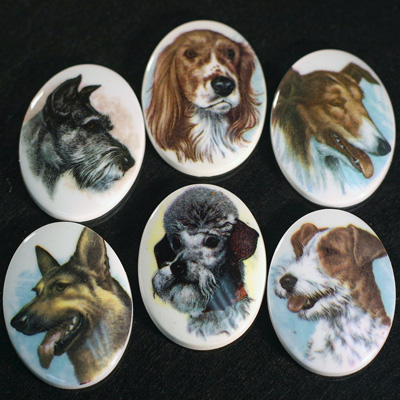 German Plastic Porcelain Decal Painting - Dogs Oval 40x30MM ON CHALKWHITE BASE