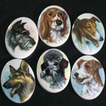German Plastic Porcelain Decal Painting - Dogs Oval 40x30MM ON CHALKWHITE BASE