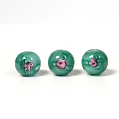 Czech Glass Lampwork Bead - Smooth Round 10MM Flower PINK ON GREEN (50270)