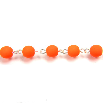 Linked Bead Chain Rosary Style with Glass Pressed Bead - Round 6MM MATTE NEON ORANGE-SILVER