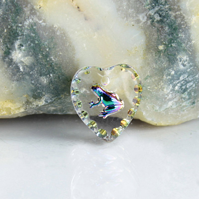 German Glass Engraved Buff Top Intaglio Pendant - FROG Heart 12x11MM CRYSTAL HELIO GREEN