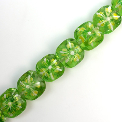 Glass Lampwork Bead - Pillow Smooth Painted 15x15MM Flower on PERIDOT