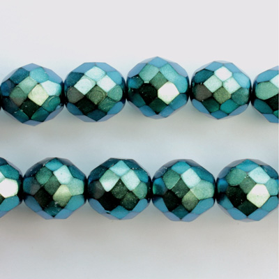 Czech Glass Pearl Faceted Fire Polish Bead - Round 12MM POLYNESIAN GREEN ON BLACK 19044