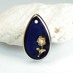 Glass Engraved Intaglio Flower Pendant with Chaton Insert - Pear 21x13MM LAPIS BLUE with GOLD