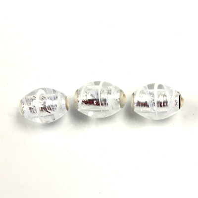 Czech Glass Lampwork Bead - Oval 10x8MM Crystal WHITE SWIRL SILVER LINE 01032