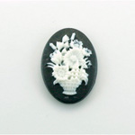Plastic Cameo - Flower Basket Oval 25x18MM WHITE ON BLACK