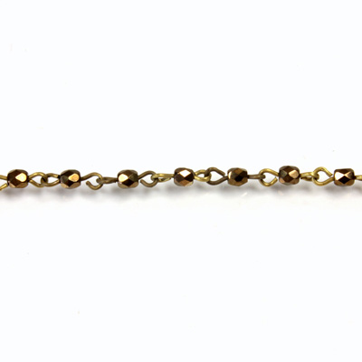 Linked Bead Chain Rosary Style with Glass Fire Polish Bead - Round 3MM BRONZE-Brass