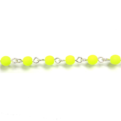 Linked Bead Chain Rosary Style with Glass Pressed Bead - Round 4MM MATT NEON YELLOW-SILVER