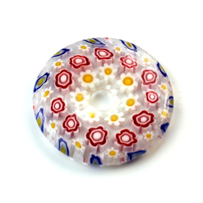 Glass Millefiori Bead - Round Donut 35MM CLEAR BLUE WHITE RED (05)