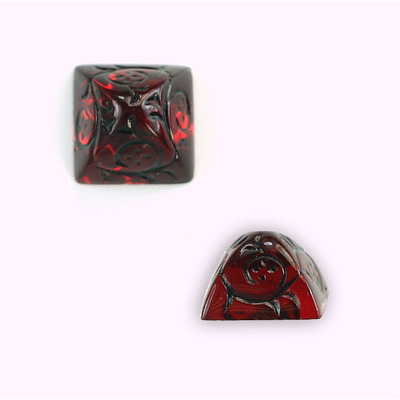 Glass Flat Back Foiled Pyramid Stone with Black Engraving 12x12MM RUBY