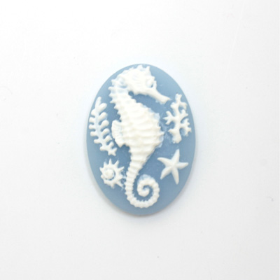 Plastic Cameo - Sea Horse Oval 25x18MM WHITE ON BLUE