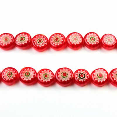 Glass Millefiori Bead - Flat Round 08x4MM RED WHITE GREEN (05)