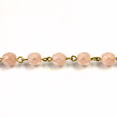 Linked Bead Chain Rosary Style with Glass Fire Polish Bead - Round 6MM OPAL PINK-Brass