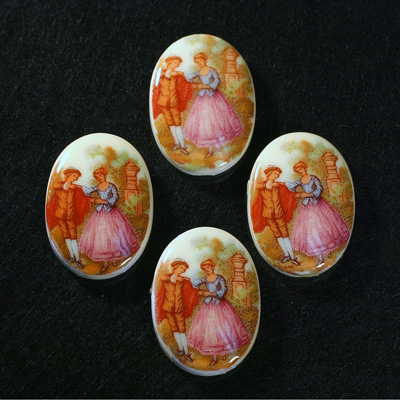 German Plastic Porcelain Decal Painting - Rococo (Scene 3) Oval 25x18MM ON CHALKWHITE BASE