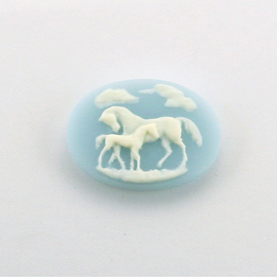 Plastic Cameo - Horses Oval 25x18MM WHITE ON BLUE