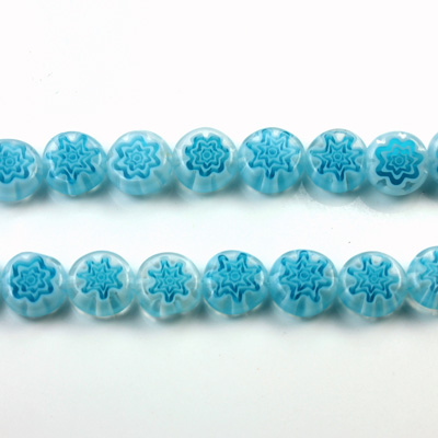 Glass Millefiori Bead - Flat Round 08x4MM WHITE AQUA (30)