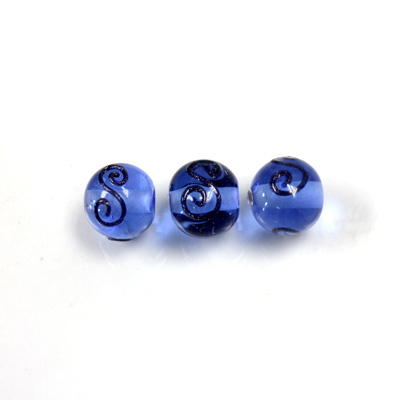 Czech Glass Lampwork Bead - Round 10MM SAPPHIRE with Swirl Design