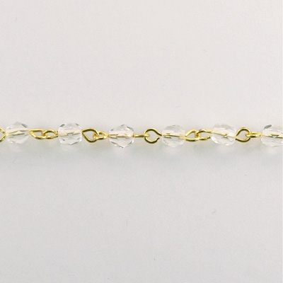 Linked Bead Chain Rosary Style with Glass Fire Polish Bead - Round 4MM CRYSTAL-GOLD