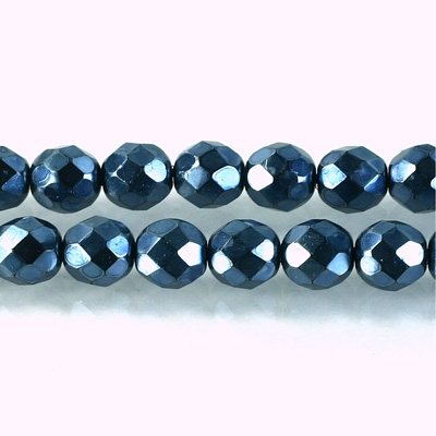 Czech Glass Pearl Faceted Fire Polish Bead - Round 08MM DK BLUE ON BLACK 72154