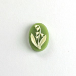 Plastic Cameo - Lily of the Valley Flower Oval 14x10MM IVORY ON OLIVE GREEN