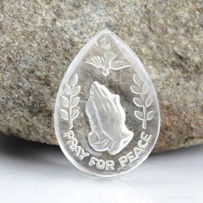 German Glass Engraved Buff Top Intaglio Pendant - Praying Hands Pear 25x18MM MATTE CRYSTAL