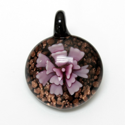 Glass Lampwork Pendant - 33mm Round Flower PURPLE with GOLDSTONE on BLACK