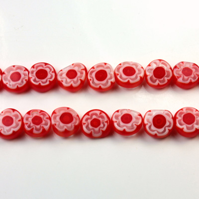 Glass Millefiori Bead - Flat Round 08x4MM RED WHITE (21)