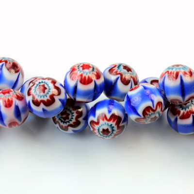 Glass Millefiori Bead - Round 10MM BLUE WHITE RED (30)