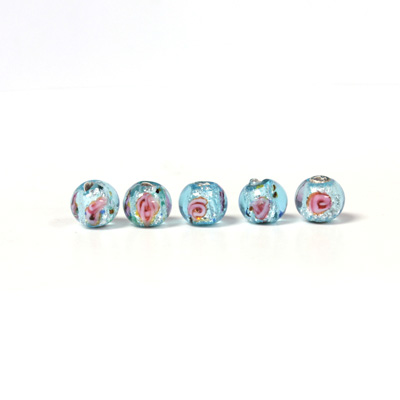 Czech Glass Lampwork Bead - Smooth Round 06MM Flower ON AQUA with  SILVER FOIL