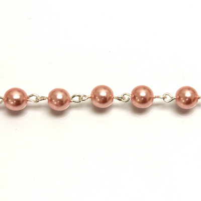 Linked Bead Chain Rosary Style with Glass Pearl Bead - Round 6MM LT PINK-SILVER