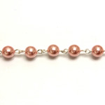 Linked Bead Chain Rosary Style with Glass Pearl Bead - Round 6MM LT PINK-SILVER