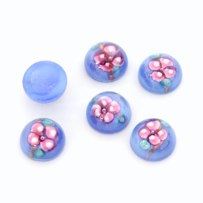 Glass Medium Dome Lampwork Cabochon - Round 10MM PINK ON LIGHT BLUE (04867)