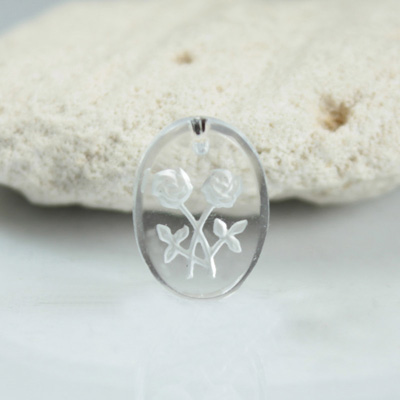 German Glass Engraved Buff Top Intaglio Pendant - 2 ROSES Oval 14x10MM MATTE CRYSTAL