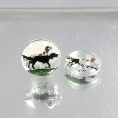 Glass Crystal Painting with Carved Intaglio Two Dogs Round 13MM  NATURAL on CRYSTAL