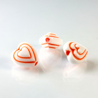 Plastic Casino Style Bead - Hearts 12MM ORANGE on WHITE