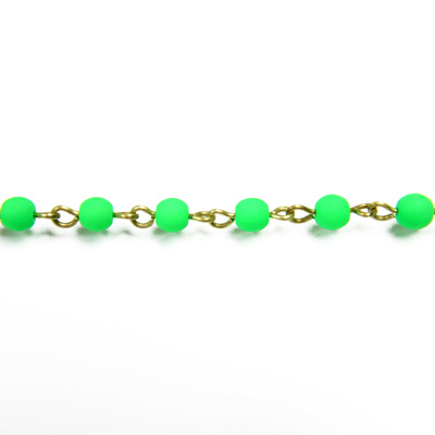 Linked Bead Chain Rosary Style with Glass Pressed Bead - Round 4MM MATTE NEON GREEN-Brass