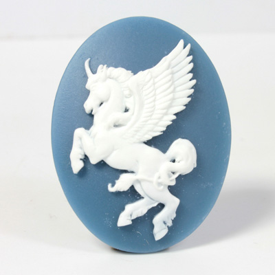 Plastic Cameo - Unicorn with Wings Oval 40x30MM WHITE ON ROYAL BLUE