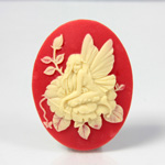 Plastic Cameo - Fairy on Flower Oval 40x30MM IVORY ON RED