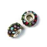 Rhinestone Bead with Large Hole Resin Base and Silver Plated Center - Round 14x9MM MULTI on BLACK