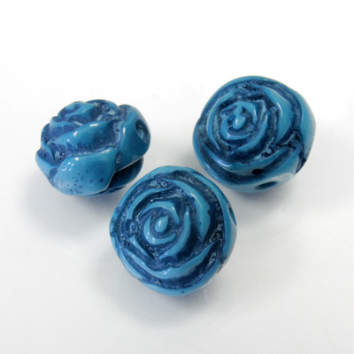 Plastic Engraved Bead -  Flower Rose 16x13MM ANTIQUE DARK TURQUOISE