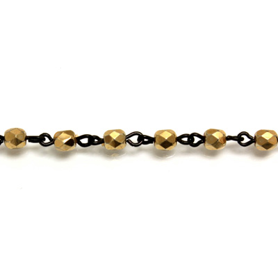 Linked Bead Chain Rosary Style with Glass Fire Polish Bead - Round 4MM GOLD-JET