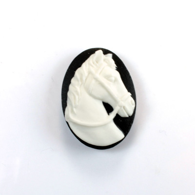 Plastic Cameo - Horse Head with Bridle Oval 25x18MM WHITE ON BLACK