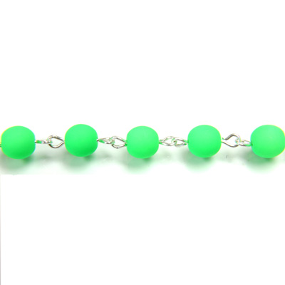 Linked Bead Chain Rosary Style with Glass Pressed Bead - Round 6MM MATTE NEON GREEN-SILVER