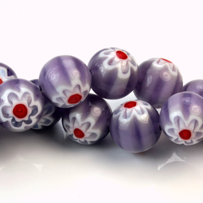 Glass Millefiori Bead - Round 12MM LILAC WHITE RED (35)